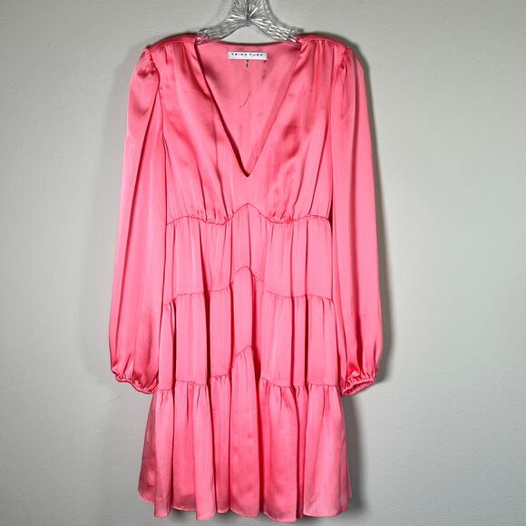 Trina Turk Women's Make Merry Tiered Mini Dress Medium Flamingo Pink Long Sleeve - Picture 3 of 16